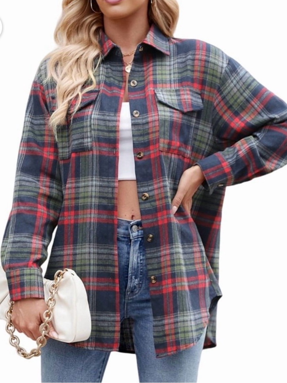 Women’s Oversized Fall Plaid Button-Front Shirt Shacket in Red Green and Navy XL